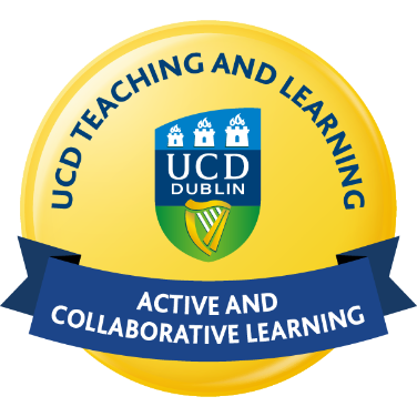 Digital badge: yellow circle containing UCD crest and text: 